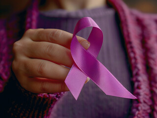 Holding pink ribbon for cancer awareness month. Healthcare and world cancer day concept.