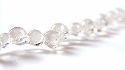Obraz premium Clear and glossy ice beads arranged in a row, showcasing perfect transparency and a sleek surface. Capturing the beauty of frozen water on a white background.
