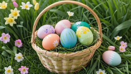 Fototapeta premium Basket of hand-painted Easter eggs placed in lush green grass, with pastel colors and spring flowers in the background
