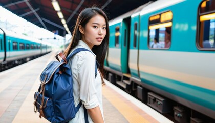 Beautiful asian traveler with backpack getting on a train at a platform of railway station, travel concept photo