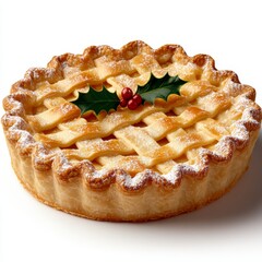 Festive Christmas Pie with Powdered Sugar and Holly Garnish on White Background - High-Resolution Photorealistic Food Photography