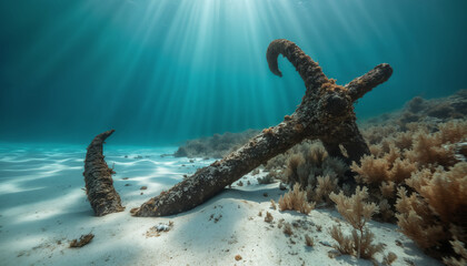 wallpapers A detailed view of a rusty anchor lying on the sandy ocean floor, surrounded by sea plants and illuminated by sun rays from above. AI generated.