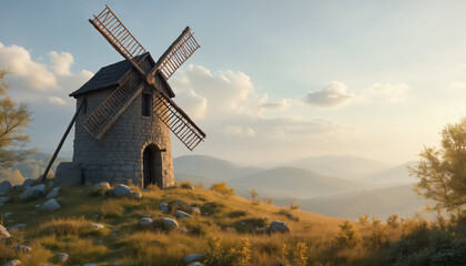 wallpapers A serene view of a classic windmill sitting atop a grassy hill with rolling mountains in the background under a beautiful sky. AI generated.