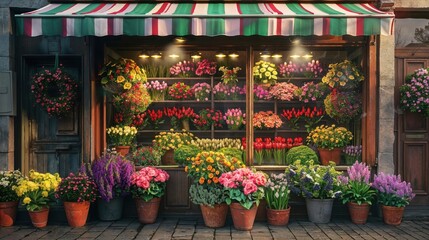 Charming European flower shop storefront with colorful striped awning. Vibrant display of tulips, roses, and seasonal blooms in window and terra cotta pots create inviting urban garden atmosphere
