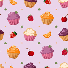 Seamless template with cupcakes and fruits on pink background Pattern for print, gift wrapping, kids clothes, textile, vector illustration