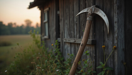 wallpapers A rustic scythe leans against a weathered barn surrounded by nature. The warm light of sunset adds to the tranquil setting. AI generated
