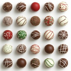 Fototapeta premium Festive Christmas Truffles: Vibrant Red, Green, and White Treats with Cocoa Dusting on Pure White Background, Detailed and Photorealistic