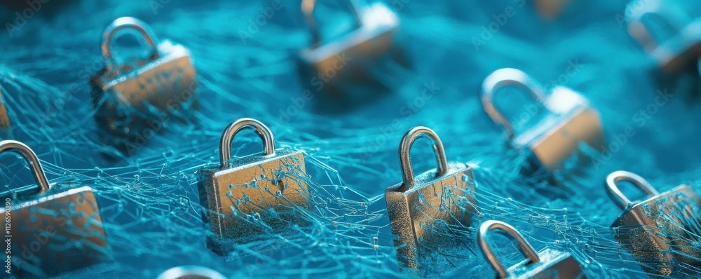 Poster metallic padlocks on blue network background cyber security hacking concept technology