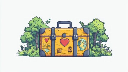 Suitcase adorned icons like passport map and heart represents essential items embarking new journey. clean design evokes travel and adventure.