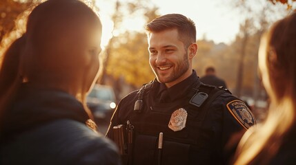 Friendly police officer in uniform smiling while interacting with citizens during sunset. Community policing and positive law enforcement engagement captured in warm golden light