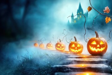 Enchanting Halloween Path with Jack-o'-lanterns Leading to a Mysterious Castle.