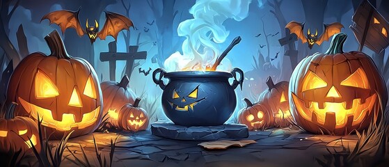 Halloween Cauldron with Jack-o'-lanterns and Bats.