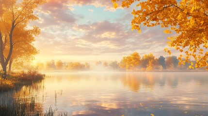 A serene view of a crystal-clear lake surrounded by golden autumn trees, with mist gently rising over the water under a pastel sky