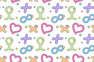 Seamless pattern with colorful hearts, infinity symbols, crosses, and dots on a white background.