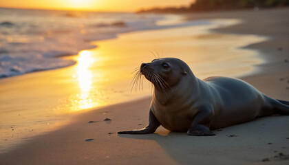 Obraz premium wallpapers A serene scene of a seal resting on the beach as the sun sets. The warm glow reflects on the water and the sand, creating a peaceful atmosphere. AI generated