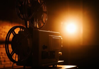 A vintage film projector with two large metal reels on top, sitting on a wooden table. The room is...