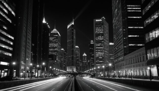 Fototapeta Black and white cityscape showing towering buildings and street lights in a dramatic, high-contrast composition