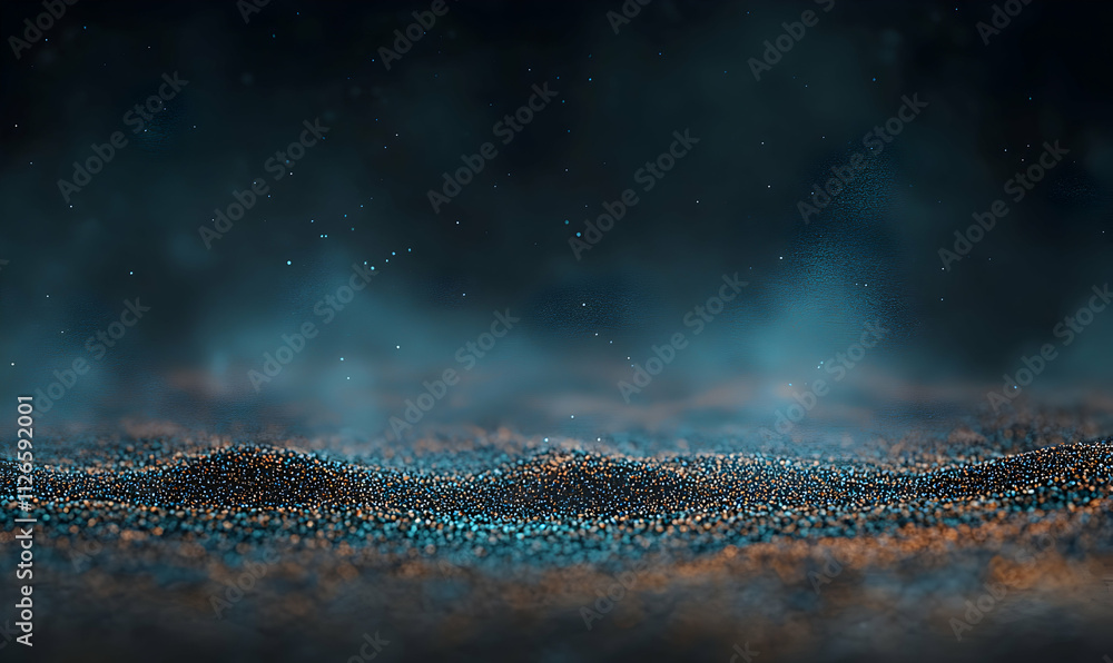 Poster Abstract background image featuring a textured surface with teal and orange particles, illuminated by ethereal blue-green mist, creating a mystical and atmospheric scene.