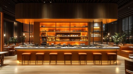 Modern Buffet Bar with Individual Dining Stations in Contemporary Restaurant Setting