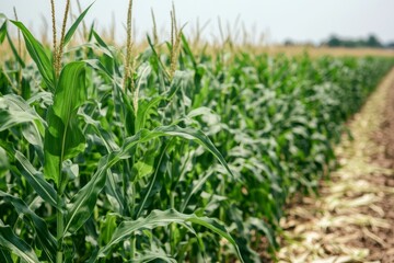 Fototapeta premium Lush Green Cornfield in Summer Sunlight