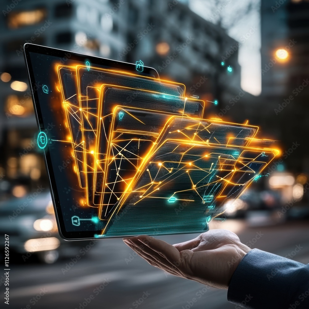 Poster digital data flowing from tablet to hand.