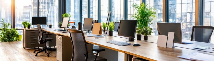 Modern Office Workspace with City View.