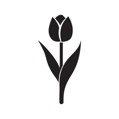 Tulip black icon silhouette with stem and leaves on a white background.