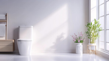 Minimalist contemporary toilet with natural light and purple accents
