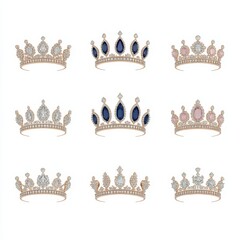 Shimmering Tiaras with Gemstones on White Background - Photorealistic Jewelry Collection of Delicate Metalwork, Symmetrical Patterns, Elegance in Design
