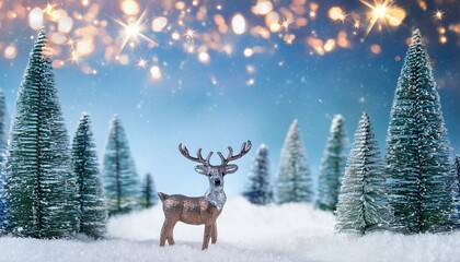 Generated imageChristmas banner with magical scene of a reindeer in center in snowy forest with Christmas trees with lights and stars with copy space