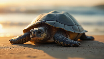 Obraz premium wallpapers A serene turtle resting on the beach with waves in the background during sunset. Captivating and tranquil setting. AI generated