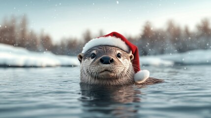 Festive Otter in Santa Hat Floating on Snowy River - Photorealistic Christmas Wildlife Scene