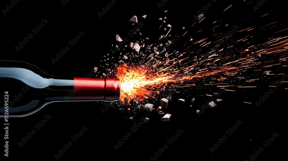 Poster a bottle of wine is exploding with a red cap