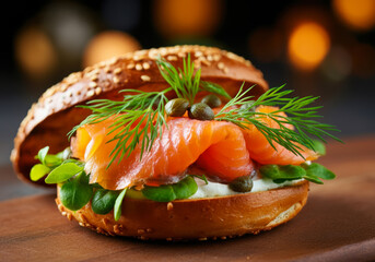 Herbed smoked salmon and capers on a toasted bagel with a touch of fresh dill