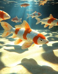 Fototapeta premium A serene underwater scene featuring koi fish swimming gracefully in clear water.