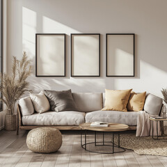 High-Resolution Photograph of Minimalist Living Room with Three White Posters and Rectangular Frames