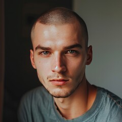 Obraz premium Young man with a shaved head and a confident look, looking straight into the camera, photo for a profile picture.