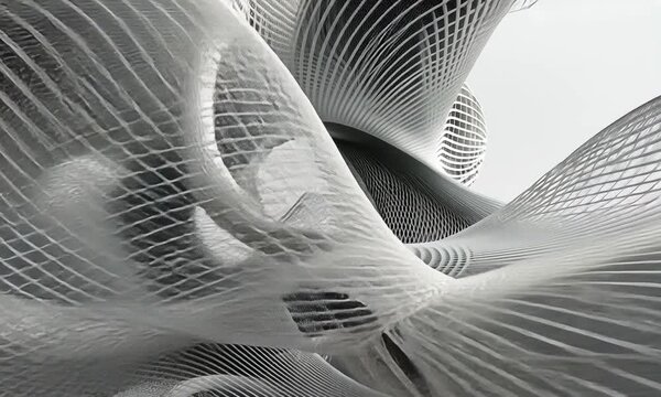 Abstract Architectural Rendering: White Lattice Structure in Dynamic, Fluid Forms
