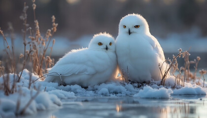 wallpapers A serene scene of two snowy owls cuddling in a snowy landscape during winter. Their fluffy white feathers contrast with the soft snow. AI generated