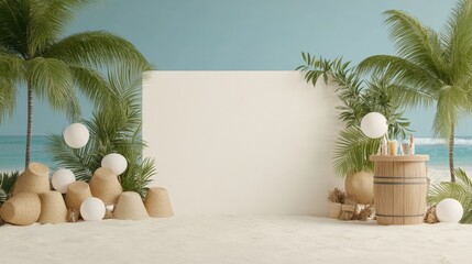 Fototapeta premium Photo booth props with tropical-themed accessories including straw hats, palm leaves, and beach balls, placed beside a tiki-style bar on a sandy beach
