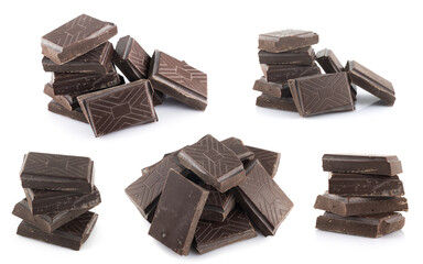 Dark chocolate chunks isolated on white background. Collection
