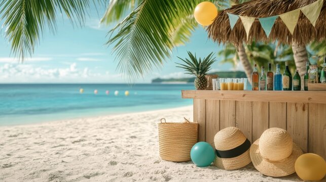 Tropical Photo Booth Props on Sandy Beach with Tiki Bar - Photorealistic Summer Party Setup