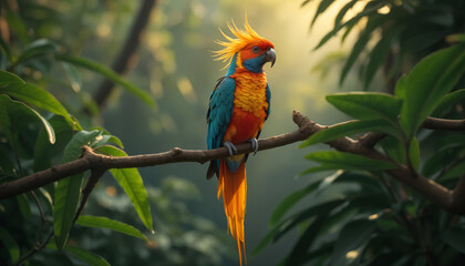 Obraz premium wallpapers A colorful parrot with bright plumage stands on a branch surrounded by tropical foliage. A stunning display of nature's beauty. AI generated.
