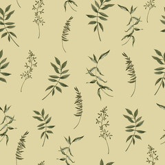 Obraz premium Cute repeat pattern with green grass on a beige background. Hand drawn leaves for print on paper, packading, fabric, greeting cards, gifts, wallpapers, covers and banners.