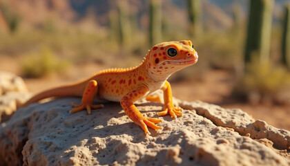 Fototapeta premium wallpapers A vibrant orange gecko perched on a rocky surface in a desert setting with cacti in the background. AI generated