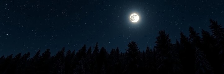 This enchanting image captures the beauty of a winter night, with a full moon illuminating a snow-covered forest. The contrast between the dark silhouettes of the trees and the bright moonlight create
