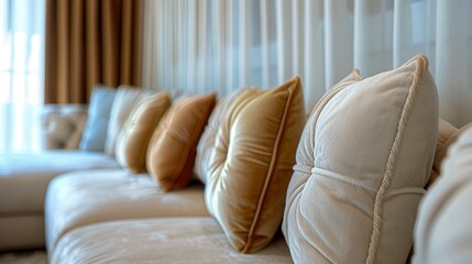 Soft textures and cozy colors create a serene atmosphere in a modern living room with plush pillows. Generative AI