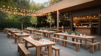 Obraz premium Enchanting Outdoor Dining Experience with Wooden Tables, Pergolas, Climbing Plants, and Fairy Lights - Photorealistic Scene