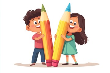 Cheerful cartoon Children holding giant crayons ready to draw on wall. Little kid boy with dark haired girl with huge pencils. Vector illustration for childish creative projects or school materials