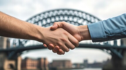 A handshake above a symbolic bridge in the background, representing unity and the power of collaboration, bridge unity collaboration, copy space